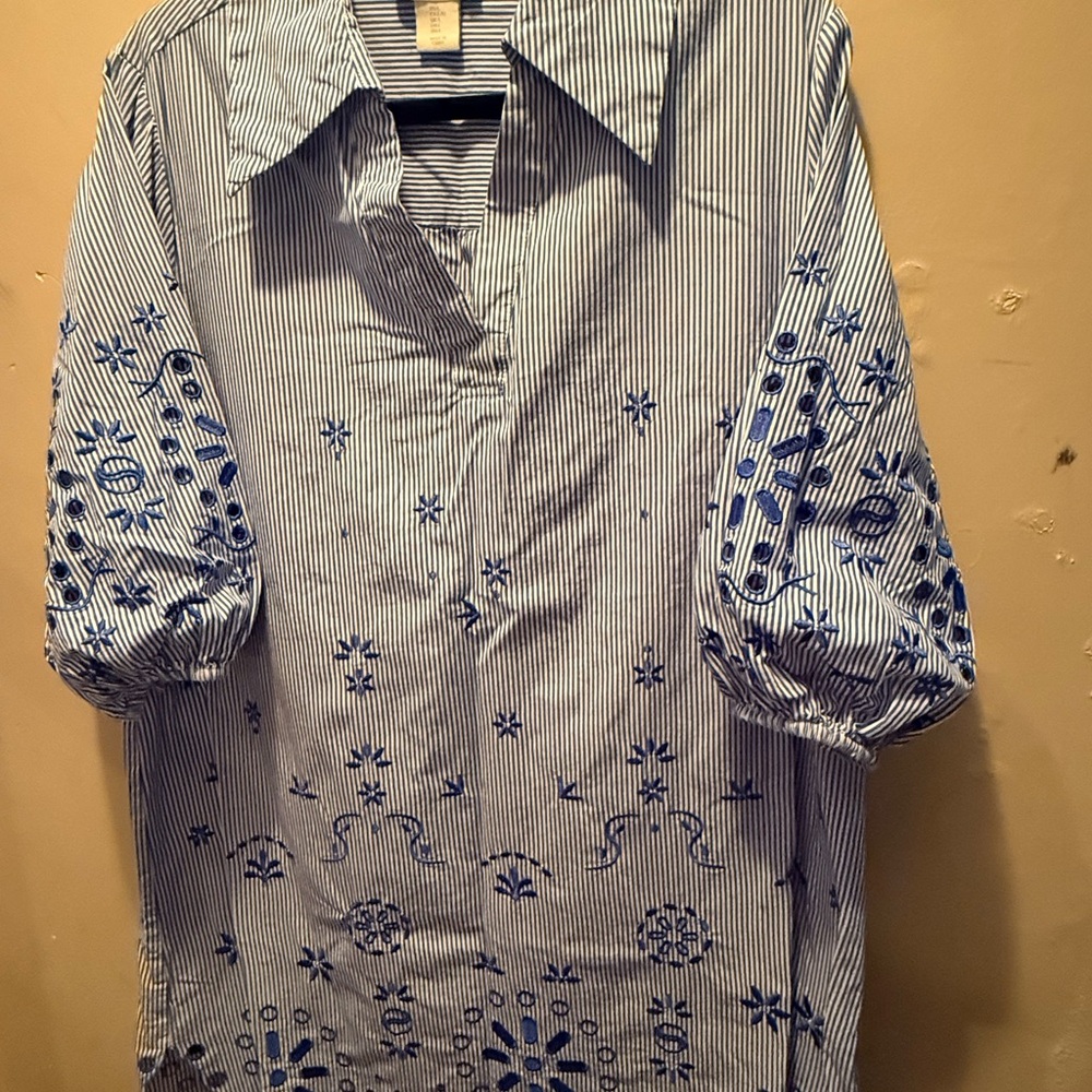 Cynthia Rowley Blue Embroidered Striped Shirt